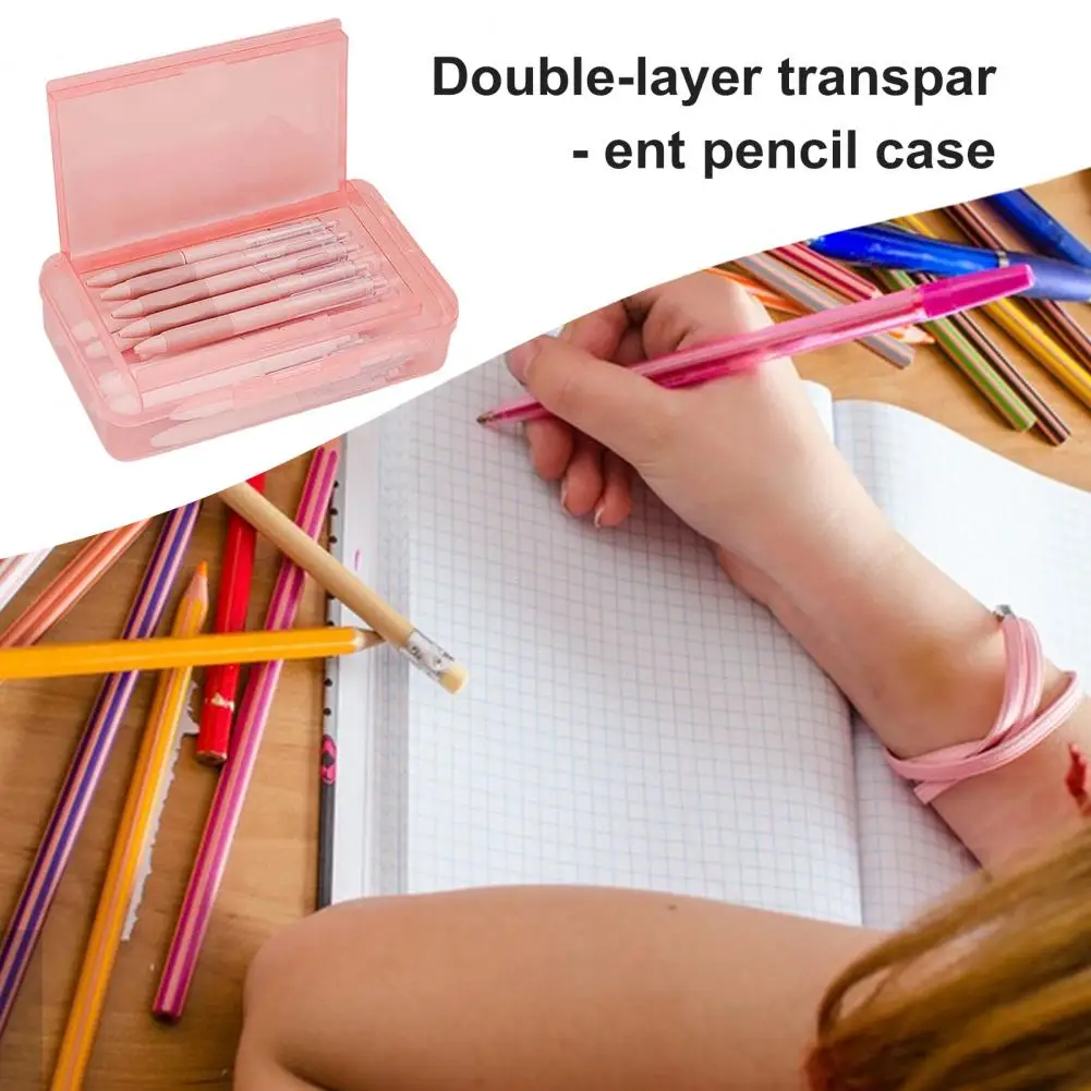 Stackable Pencil Box Capacity Transparent Plastic Pencil Case Double Layer Stationery Organizer for Students Office Supplies