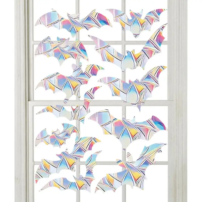 12pcs Prismatic Bat Window Clings Rainbow Halloween Bat Stickers Reusable irregularly shaped Window stickers for home decor