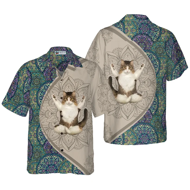 Funny Cat Hawaiian Shirt Men And Women Clothes Summer Fashion Street Short Sleeve Lapel Tops Kid Cute Vacation Beach Shirts