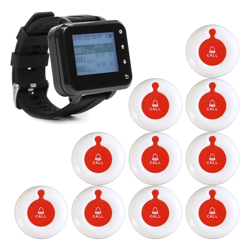 

Wireless Restaurant Pager Waiter Calling System 1pc Watch Receiver 10pcs Button Hookah Customer Bell