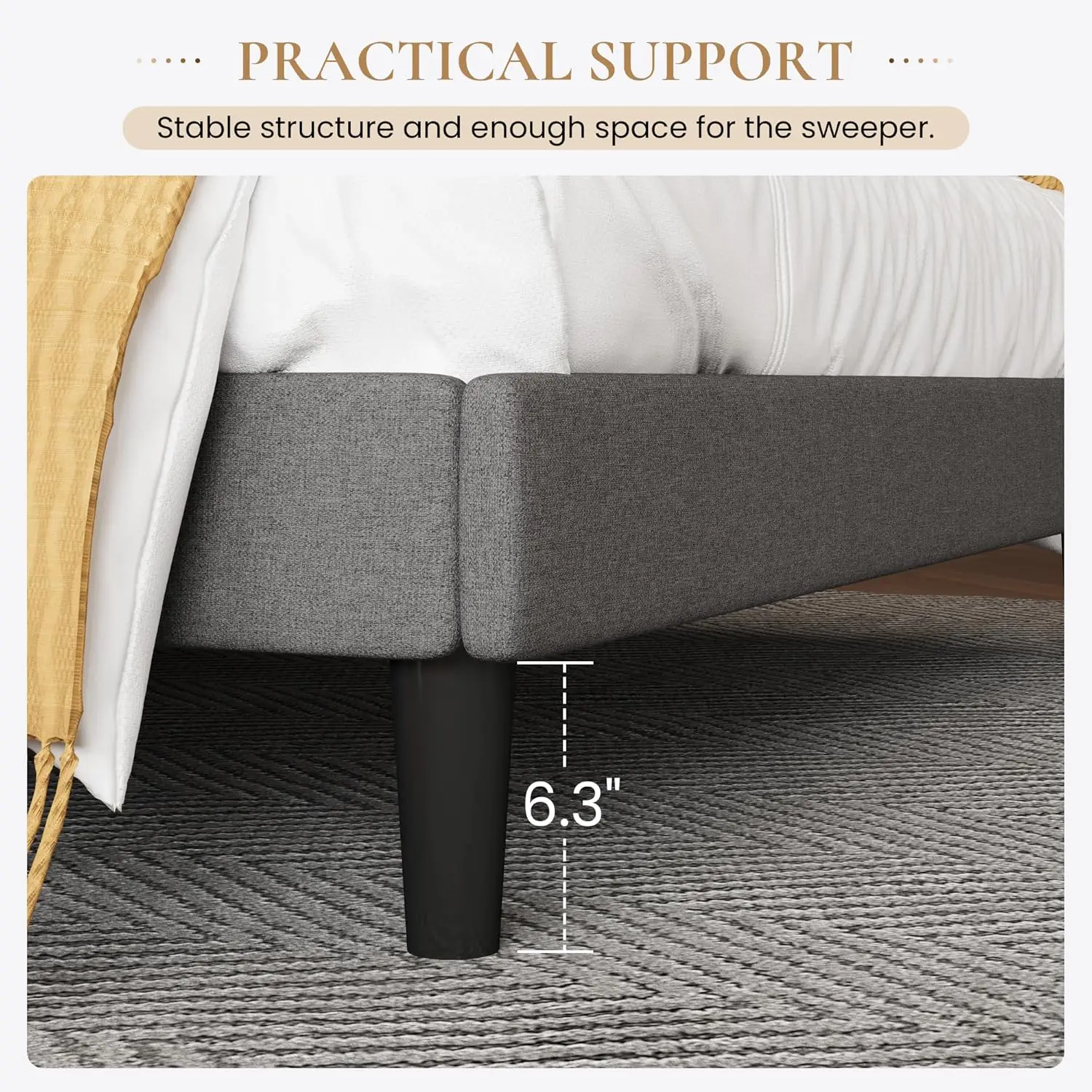 إطار سرير منجد مع لوح رأسي مجنح مبسط من قماش الكتان المسامي وشرائح خشبية صلبة سهلة التجميع باللون الرمادي الداكن