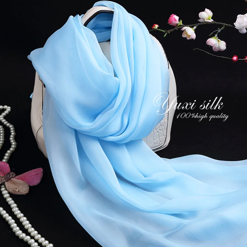 

High Quality Blue Solid Color Summer Silk Long Scarf Shawl Women's Spring, Autumn and Winter