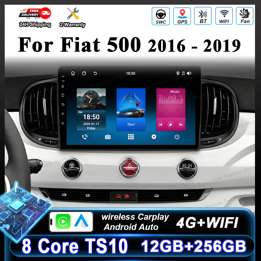 Reproductor de DVD Android 16 para coche Fiat 500 2016-2019, unidad principal multimedia, reproductor de vídeo, GPS, navegación, radio estéreo, Carplay inalámbrico, 4G