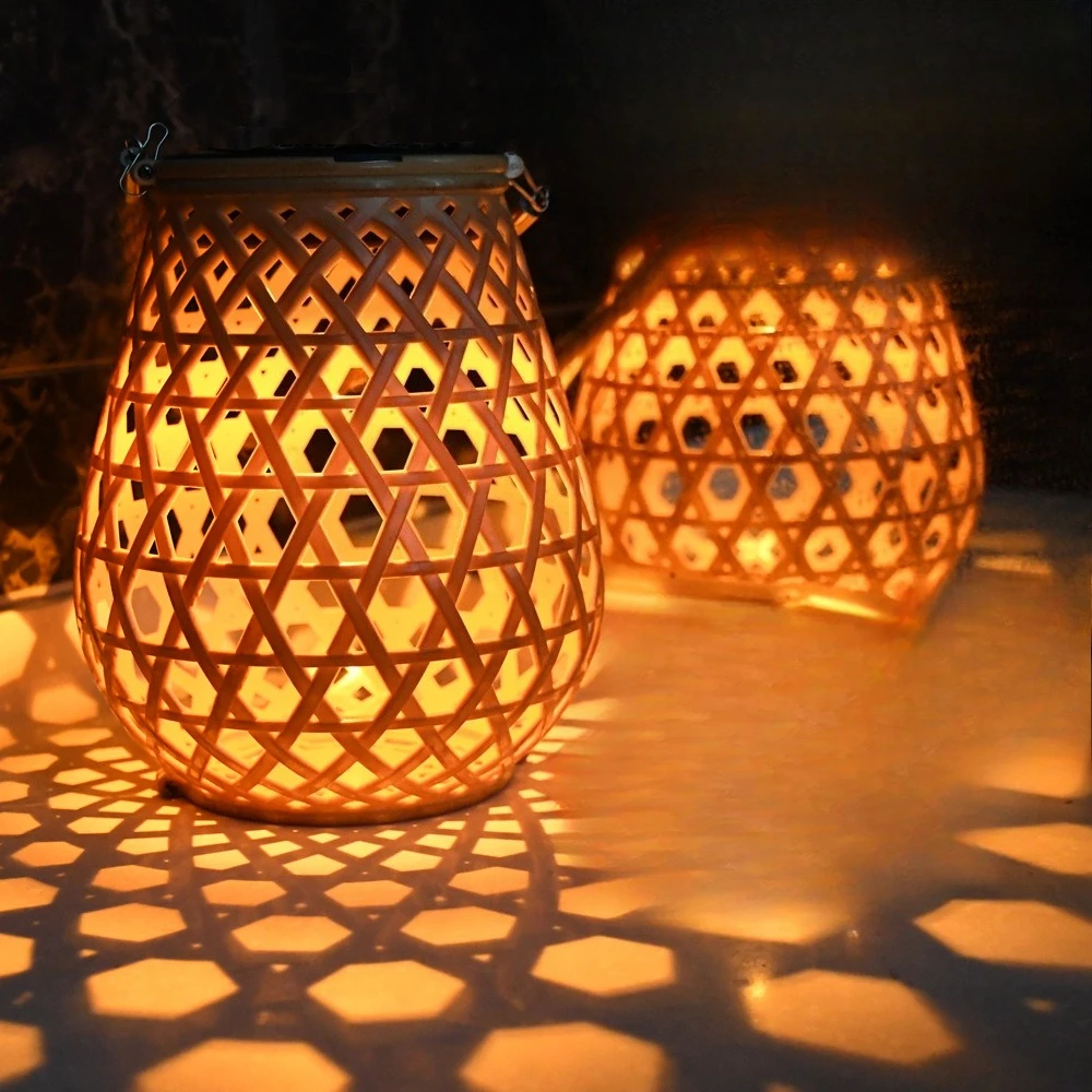 Solarbetriebene kleine Laterne für den Außenbereich, braun, aus Bambus gewebt, Hochzeitsdekorationslampe, wasserdichte Atmosphärenlaterne für den Haushalt
