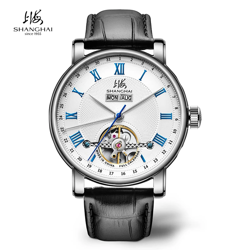 SHANGHAI Watch Multifunction Flywheel Men's Automatic Wristwatch 40.5mm Dress Mechanical Watches Calendar Sapphire Crystal S8003
