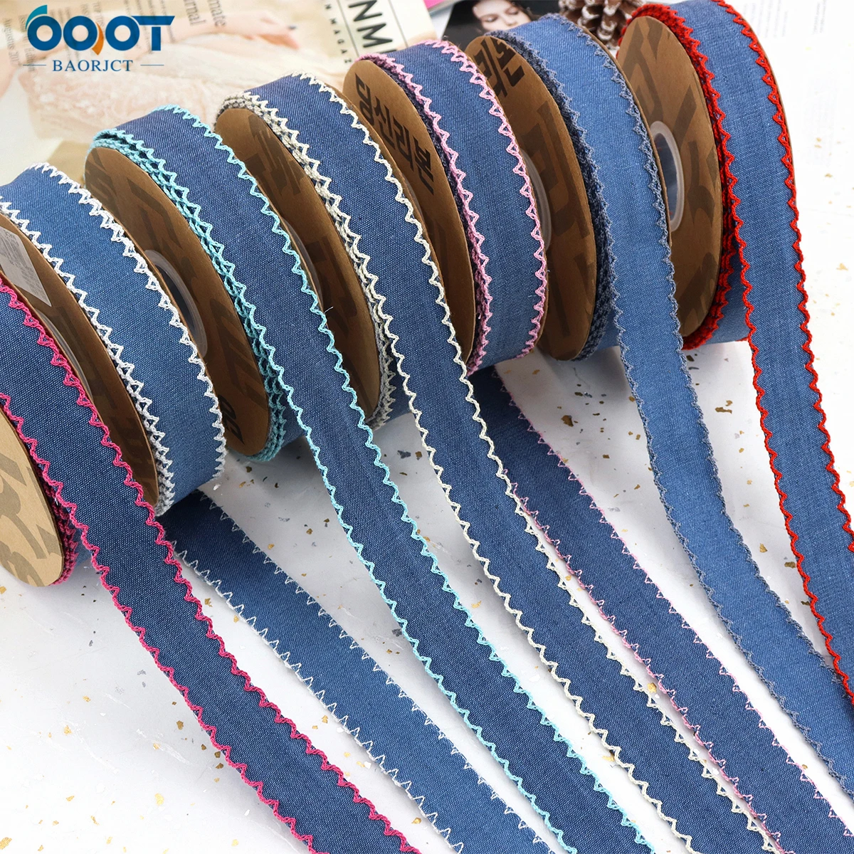 Lace Double Sided Denim Printed Solid Color Ribbons,25MM 2Yards 23629-2 Bow Cap Handmade DIY Party Gift Packaging Materials