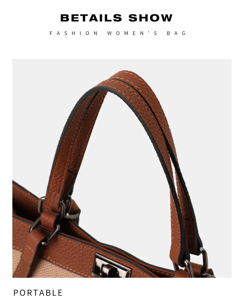 Vintage Karierte Canvas-Leder-Kombination Tragetasche Damen Handtasche mit Verschluss Große Kapazität Schultertasche für Alltag Arbeit Reise – Detail 11
