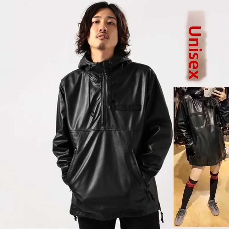 

Trendy eepskin Leather Hoodie Jaet Men Women Universal Warm Faion Urban Sle Spring Casual Long Sve Zipper Closure