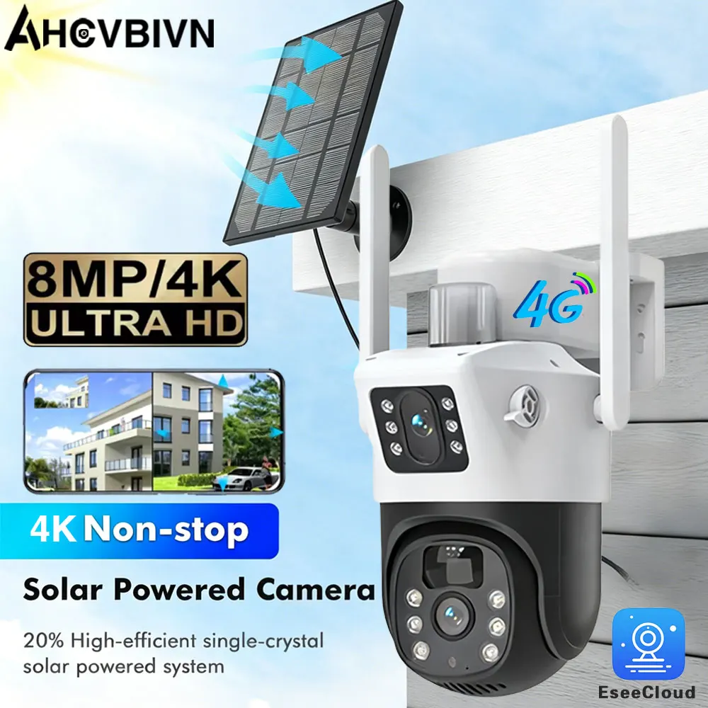

EseeCloud 4G Solar Dual-Lens Security Camera 4K 8MP PTZ Outdoor IP Cam with Remote Video Surveillance Smart Protection Monitorin