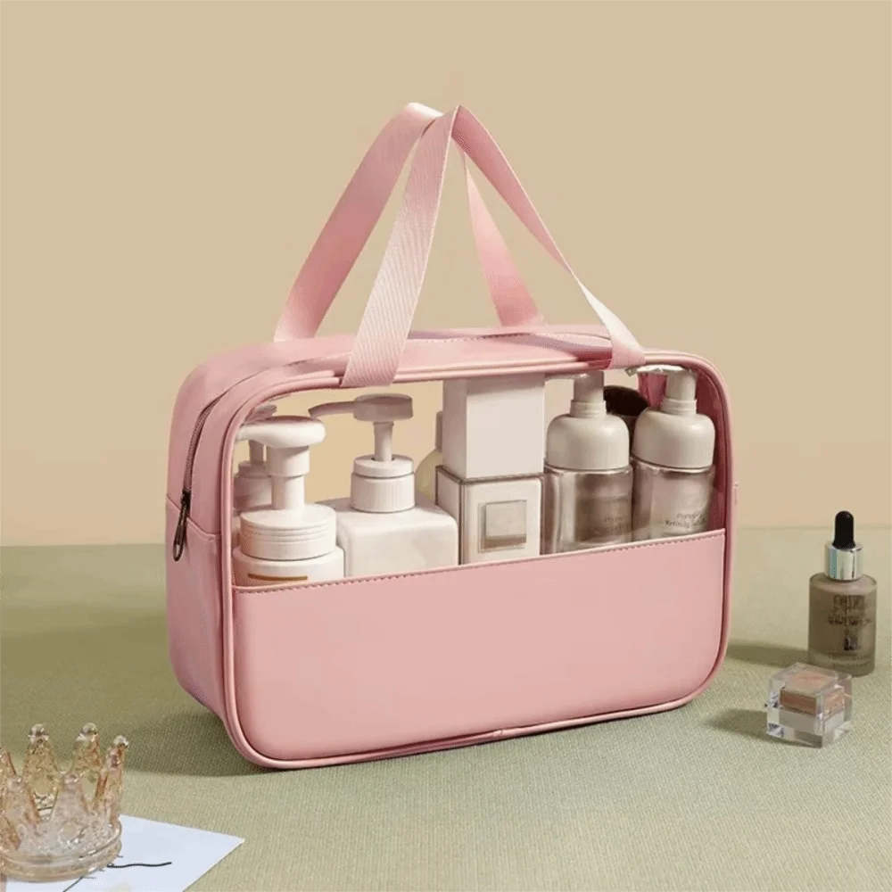 Tas Kosmetik Transparan dengan Pegangan dan Penutup Ritsleting untuk Wanita, Tas Perlengkapan Mandi Tahan Air Kapasitas Besar, Organizer Produk Perawatan Kulit