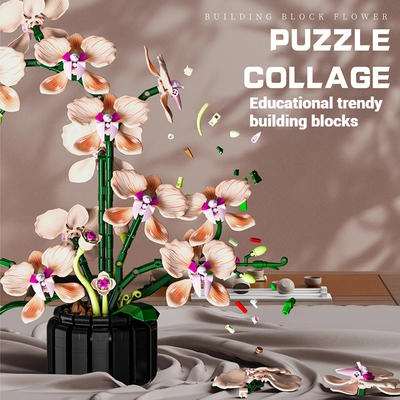 866-teiliges Blumenset für Mädchenbausteine, Montage von Topforchideenmodellen, Spielzeugstrauß für Mädchen, Montageornamente für Zuhause und Büro