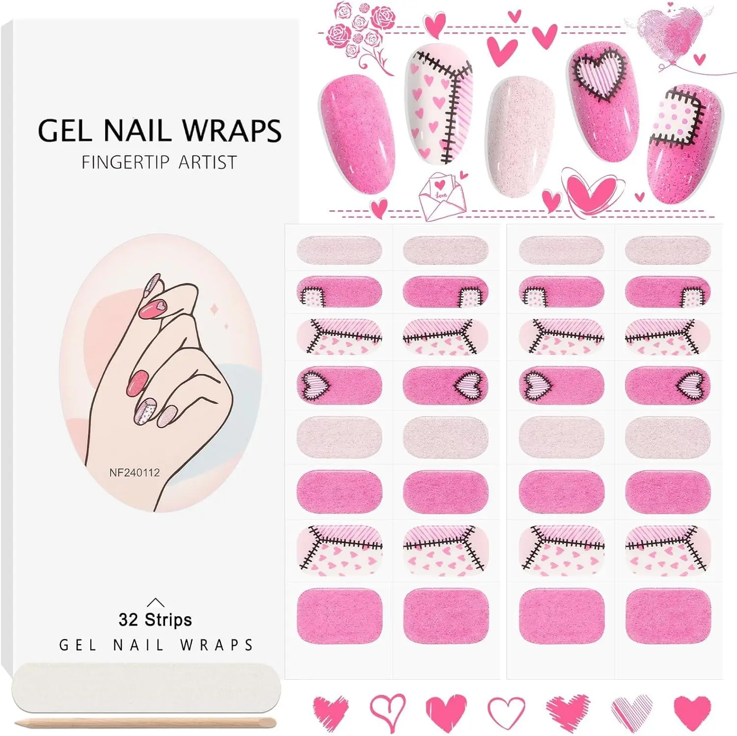 

32PCS Pink Heart Nail Wraps, Semi-Cured Gel Strips for Women, UV/LED Required