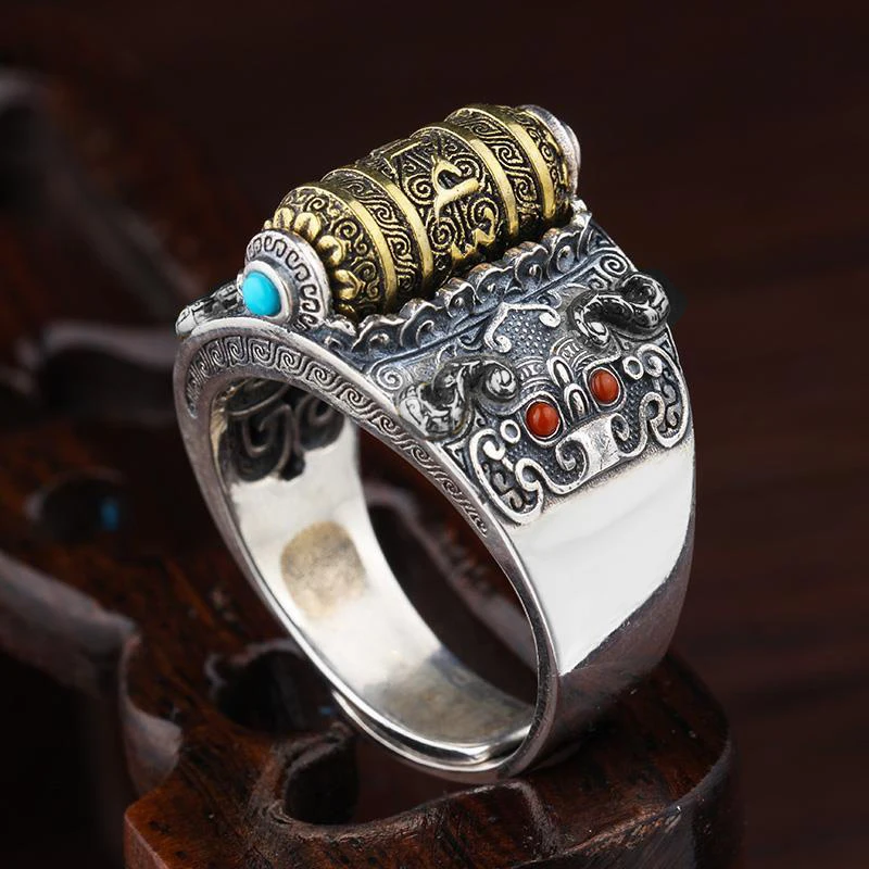 HX Silver Color Lucky Charm Ring Men Trendy Personality Vintage Unmarried Ring Rotatable Luck Party Collocation Send Jewelry