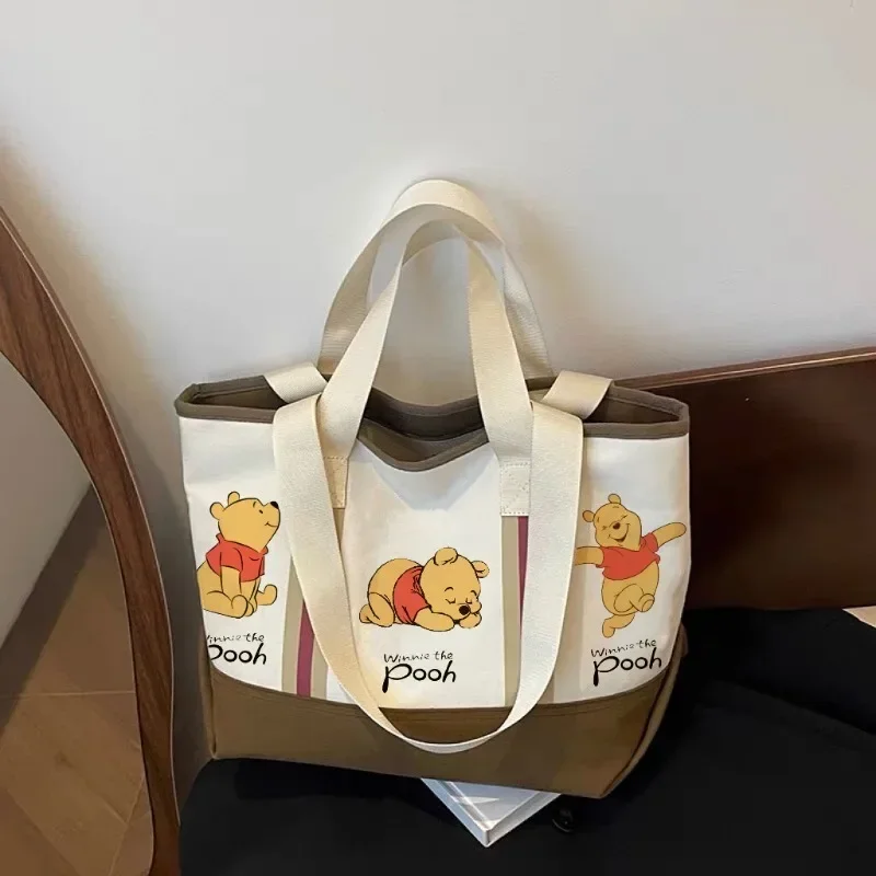 Disney Retro Canvas Handbag Kawaii Winnie The Pooh Large Cartoon Print Personality Temperament Fashion Shoulder Bag Shopping Bag