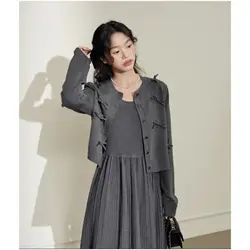 Korejpaa Casual Cardigans Dress Sets Women Korean Fashion Bow Knitted Cardigan Top+sleeveless Slim Waist Pleated Dresses