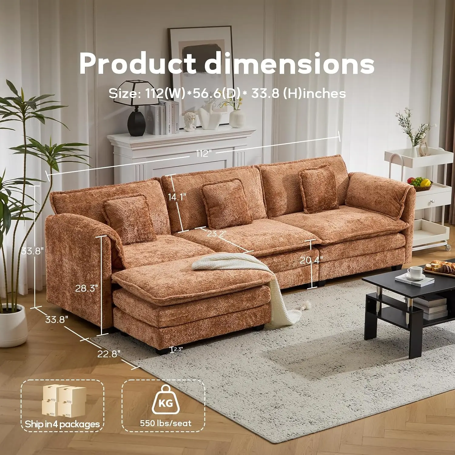 112" Modular Sectional Sofa With Ottoman, L Shaped For Living Room, 3 Seater Cloud Couch With Removable Cover, Customized