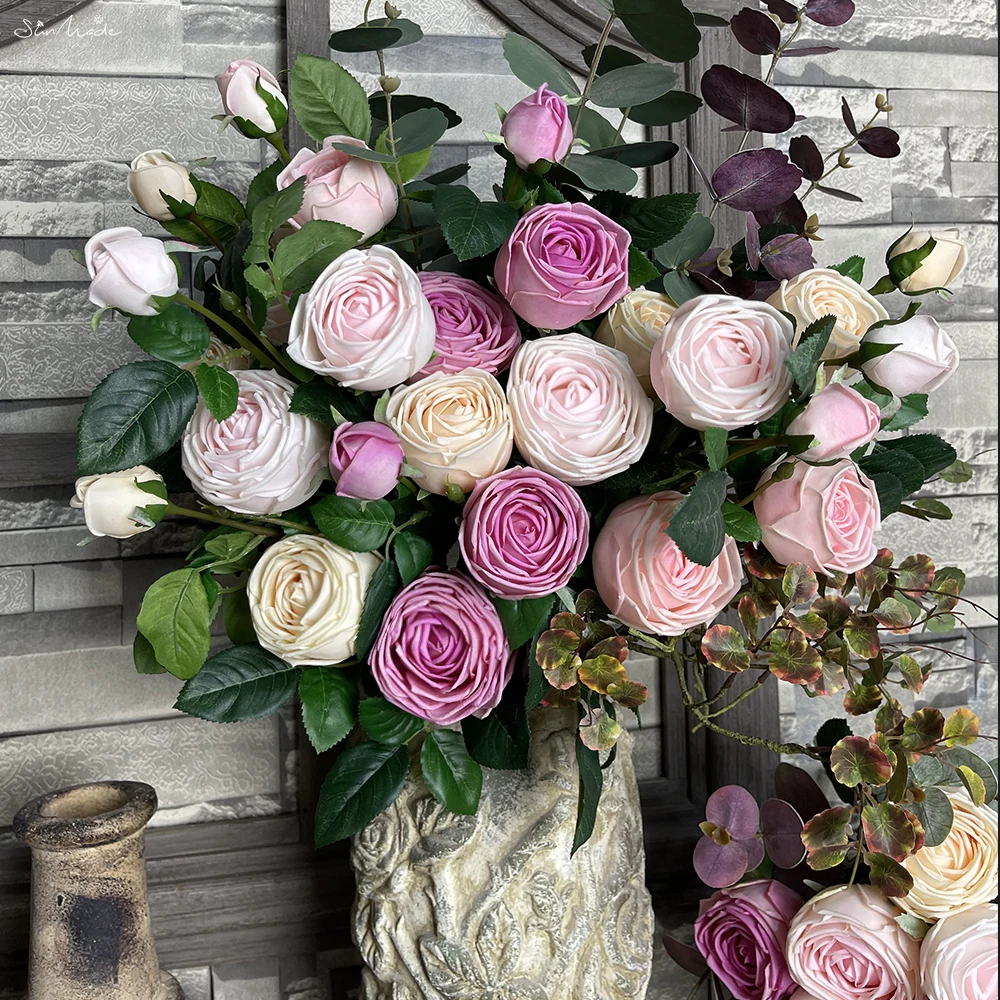 SunMade Moist Felling Rose Branch Real Touch Artificial Flowers Table Decoration for Wedding Flores Artificiales Decor Mariage