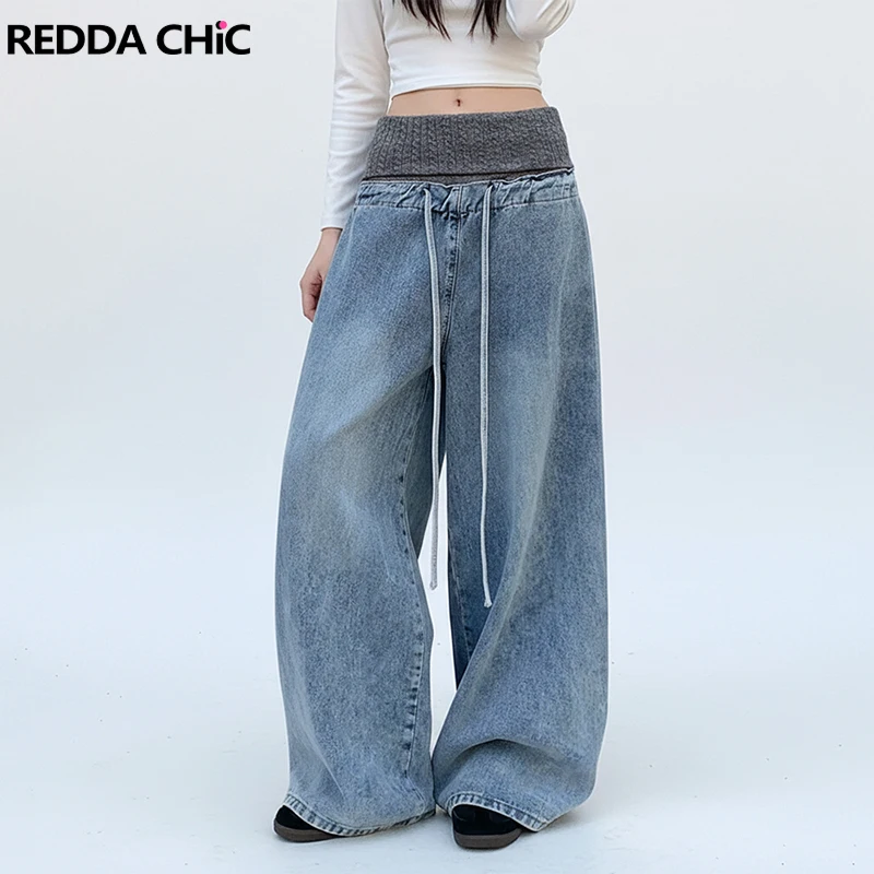 

Джинсы REDDACHiC с заниженной талией, женские, с завязками, в стиле пэчворк, из трикотажа, светло-голубые, повседневные, широкие брюки, винтажный корейский уличный стиль