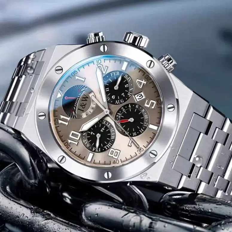 I&W Men Automatic Watch 41mm Mechanical Wristwatch 50m Waterproof Sapphire Power Reserve Indicator Month Week 24 Hours