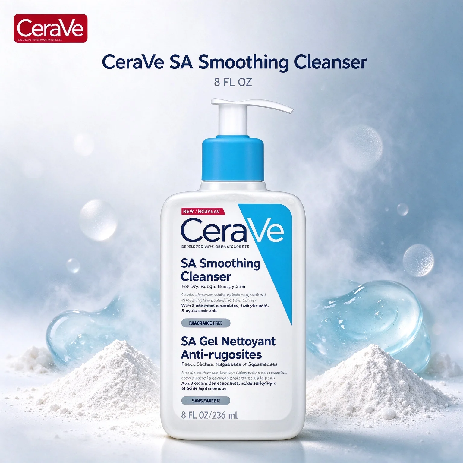 CeraVe SA Smoothing Cleanser for Dry, Rough Bumpy Skin, Fragrance Free SA Gel Nettoyant Anti-rugosités 8 FL OZ (236ml)