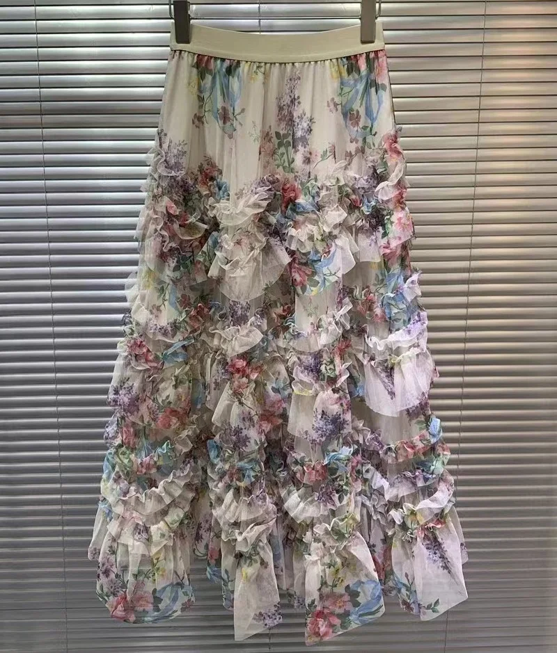 New 2023 Summer Fashion Long Skirts High Quality Ladies Elastic Waist Cascading Ruffle Flower Deco Casual Long Maxi Mesh Skirt