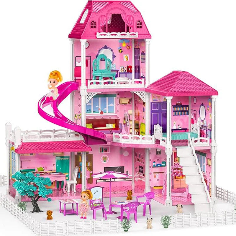 TEMI Villa Toys For 3-8 Girls. 3 Storeys, 6 Rooms. Playset With 2 Dolls & Accessories. Pretend Play, Building Toys, Gift.