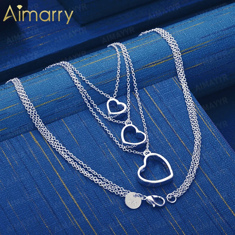 925 Sterling Silver Multi-layer Hollow Heart Necklace 18 Inches Women's Party Banquet Engagement Wedding Fashion Jewelry