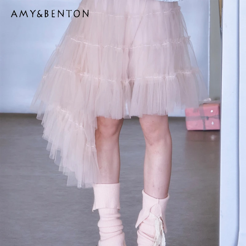 

2026 Summer New Pink Mesh Women's Skirt Heavy Industry Irregular Hem Elastic Waist Sweet Versatile Fluffy Short Skirts Ladies