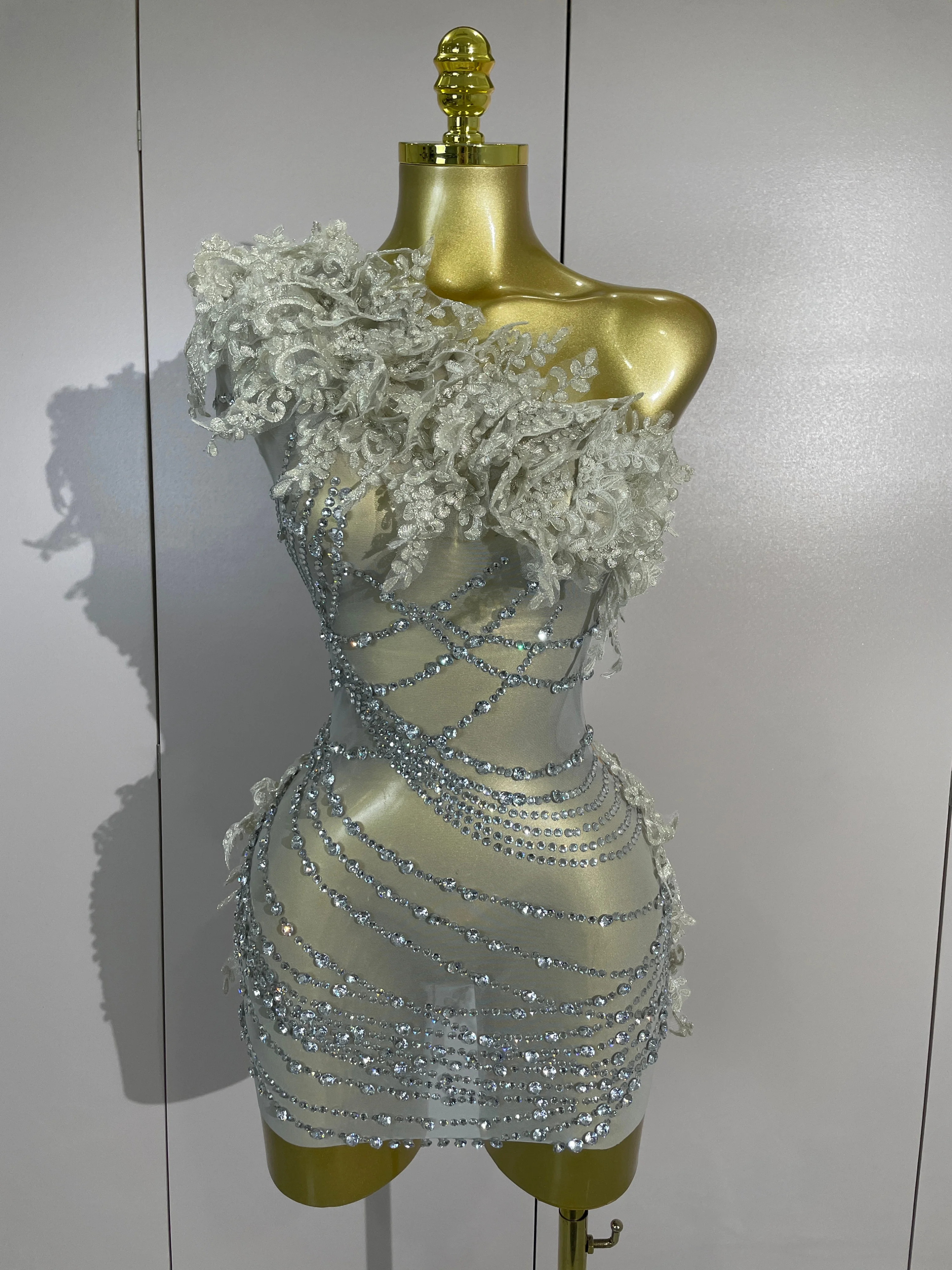 Women One Shoulder Mesh See Through Mini Dress Sexy Sparkly Rhinestones Birthday Evening Celebrate Party DJ Nightclub Stage Wear