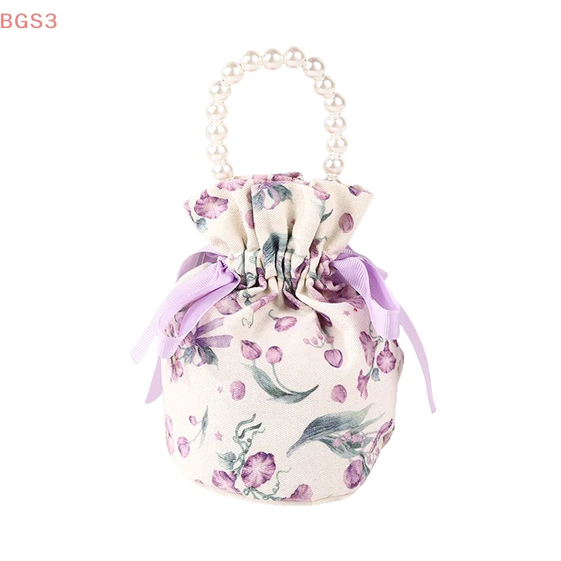 

Floral Canvas Drawstring Bag, Small Flower Pearl Chain Handle, Jewelry Pouch, Packaging Bag, Wedding Candy Bag, Bowknot Bag