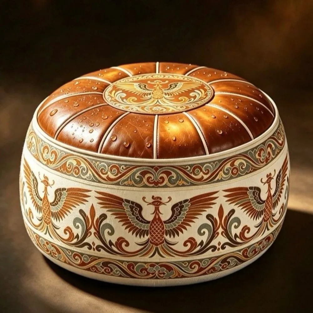 Retro Ethnic Style Sofa Stool Cover Phoenix Pattern PU Leather Round Footstool Cover Space Saving Foldable Pouf Cover