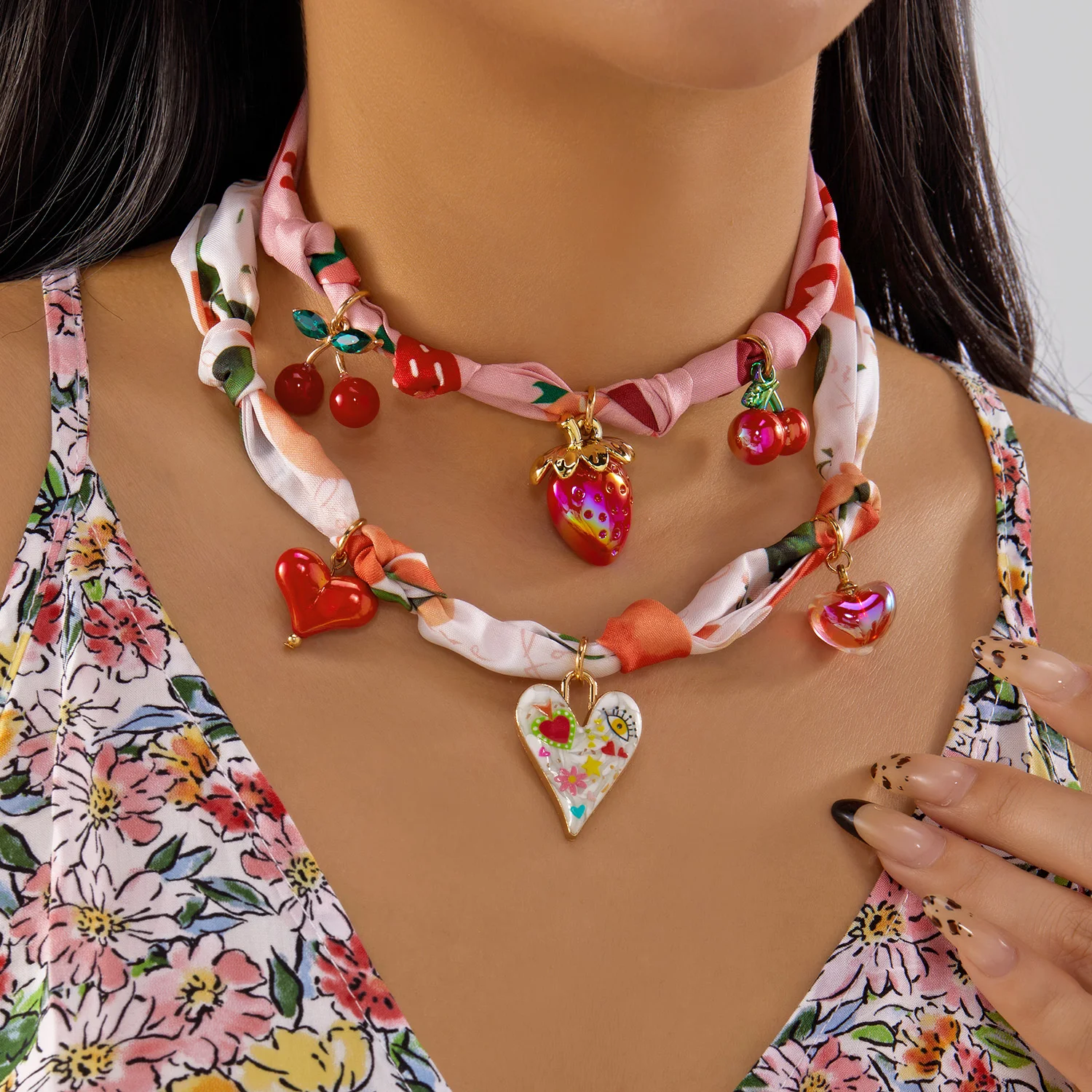 Sweet Cherry Strawberry Bow Heart Pendant Necklace Women's Colorful Ribbon Choker New Trend Neck Chain Jewelry Y2K Accessories
