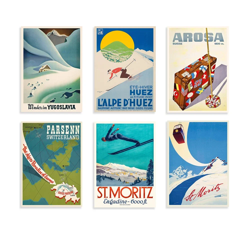 

Winter in Yugoslavia - St. Moritz, Engadin,Lech am Arlberg, Austria-Zermatt, Switzerland - Alpe d'Huez, - Vintage Ski Poster