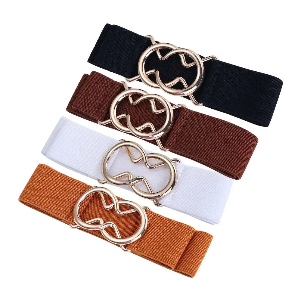 Solid Color Geometric Double Circle Metal Buckle Female Waist Strap Waistband Elastic Waist Belt Gold Round Buckle Belt