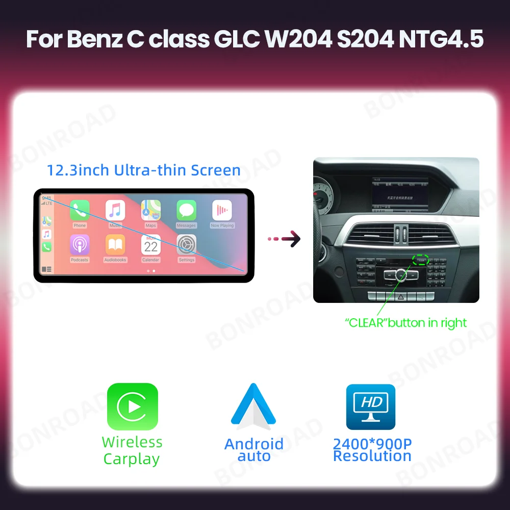 BONROAD 12,8 inch scherm draadloze CarPlay Android Auto autoradio GPS voor Mercedes Benz A C Klasse W176 X156 C117 CLA GLA W205 W204