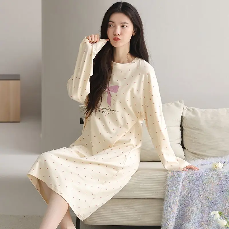 

Осень 2024, ночные рубашки из 100% хлопка с длинными рукавами и принтом для женщин, корейская свободная одежда для сна, ночное платье, ночная рубашка, женская домашняя ночная рубашка