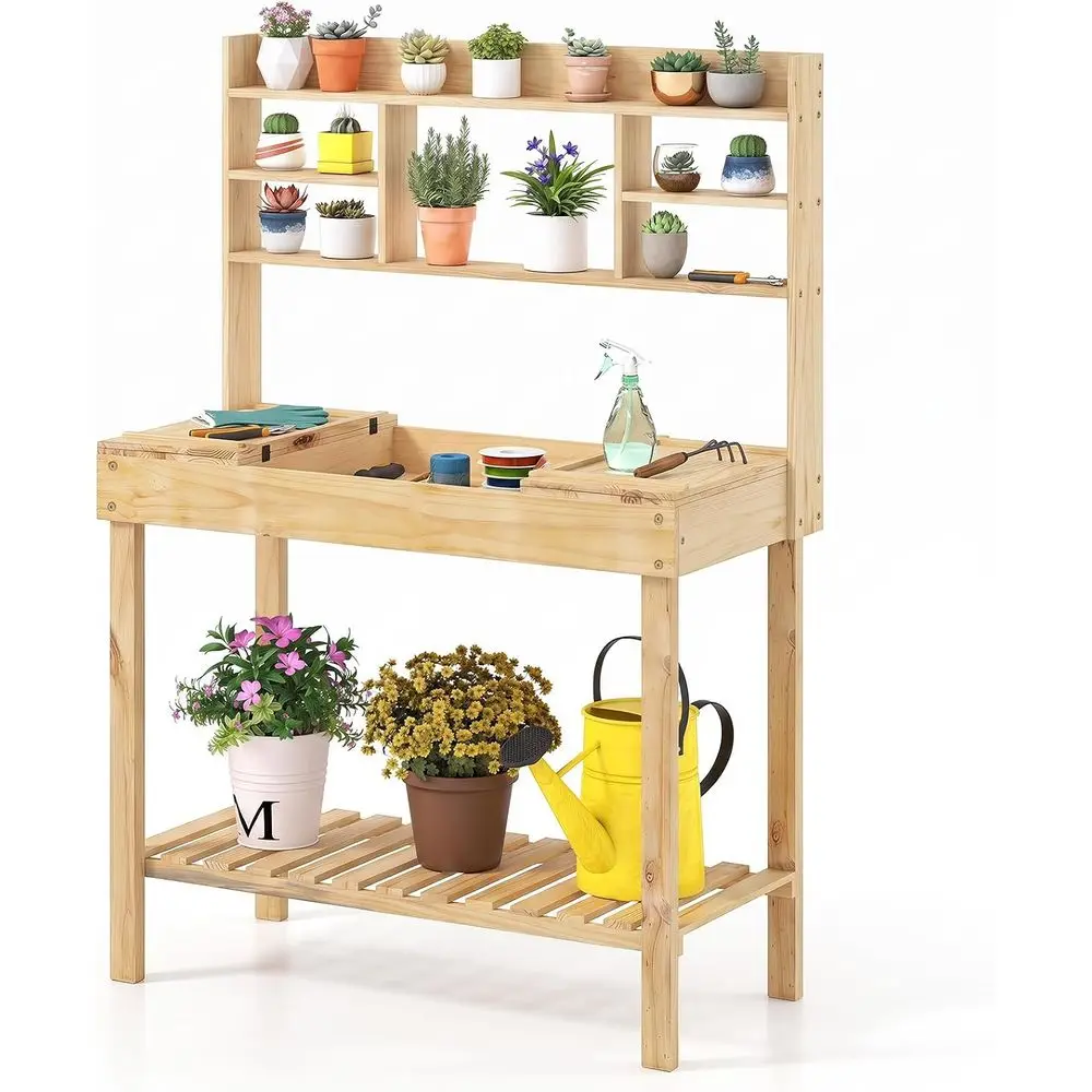 60” Wood Garden Work Bench Workstation with Storage, Lip-Up Tabletop, Shelves & Hanging Hooks, Outdoor Garden Table or Patio, La