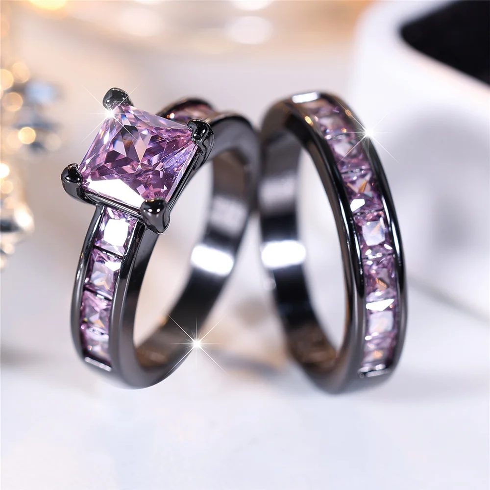 High Quality Crystal Female White Pink Purple Zircon Stone Ring Set Black Gold Color Bridal Wedding Engagement Jewelry For Women