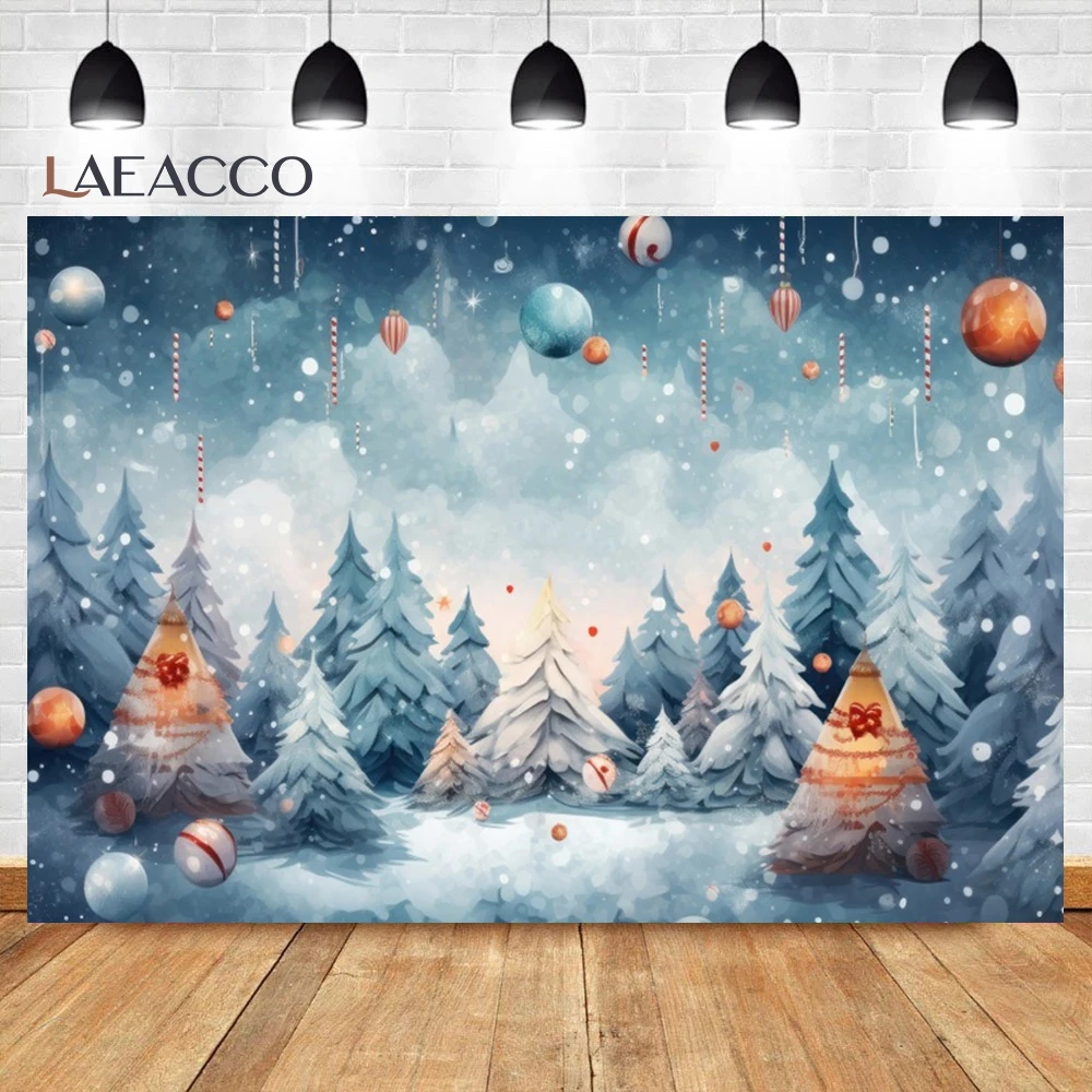 Laeacco Winter Snow Forest Photo Backdrop Christmas Tree Decor Indoor Portrait Photograph Prop Landscape Background Party Banner