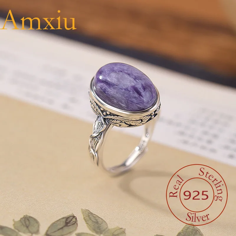Amxiu Sterling Silver 925  Purple Dragon Crystal  Wheat Spike Candy Color Oval Personality Trendy Silver Ring