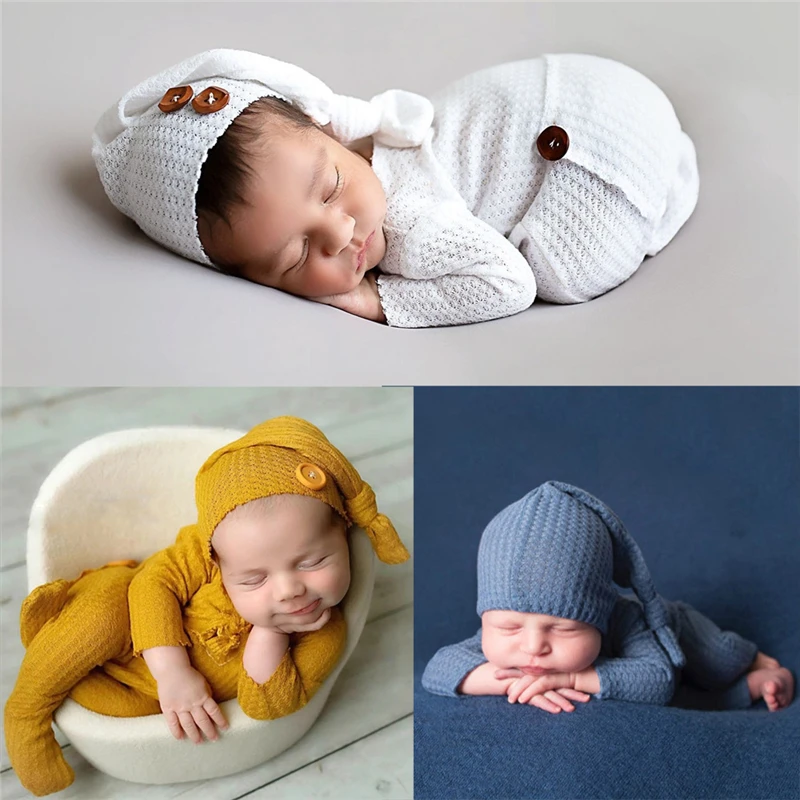 Newborn Boy Photo Props Knitting Clothes Girl Baby Boy Jumpsuit Knot Hat Set Infants Photo Shooting Bodysuit Beanies