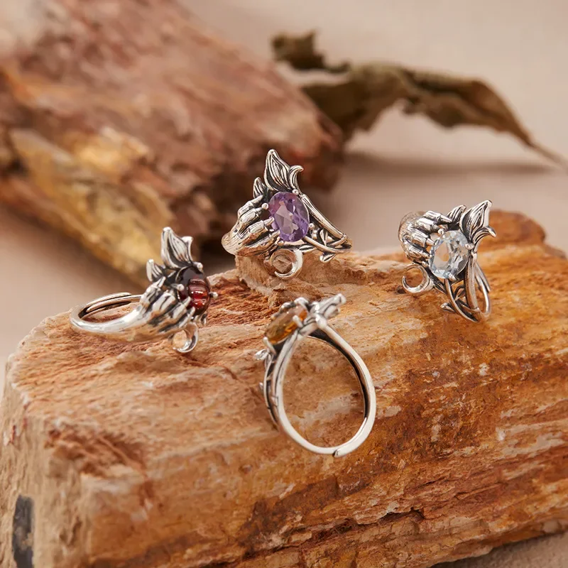 Demon Claw Natural Amethyst Citrine Topaz Garnet Ring Women's S925 Sterling Silver Thai Silver Color Treasure Jewelry