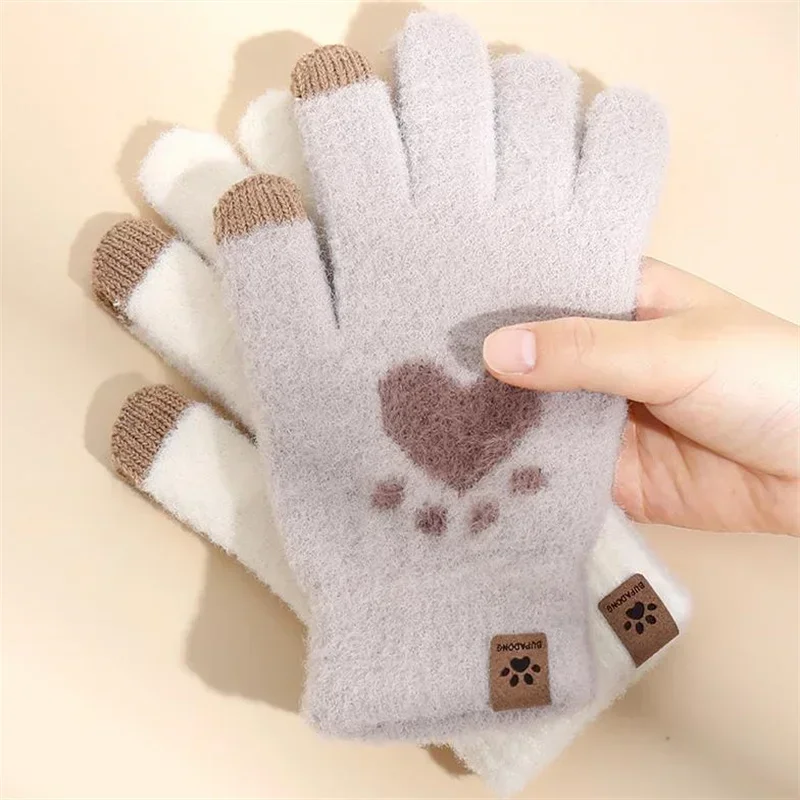 Cute Cat Paw Gloves Winter Outdoor Touchscreen Knitted Gloves Thick Keep Warm Adult Soft Fluffy Gloves Men Women Mittens