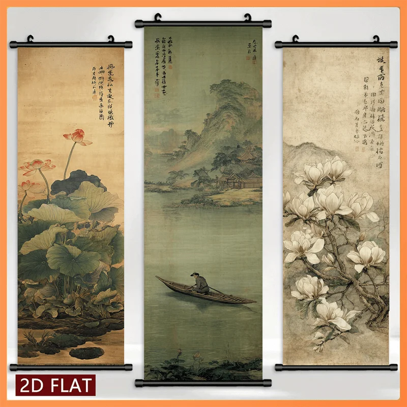 VIKAMA Vintage Chinese Lotus Landscape 3 Piece Wall Scroll Tapestry Set Oriental Painting Wall Art Decor for Living Room Bedroom