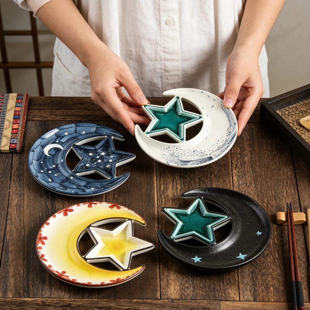 Creative Star and Moon-shaped Design, Ceramic Japanese-style Dumpling Plate with Vinegar Dish,home Commercial Sushi Tableware