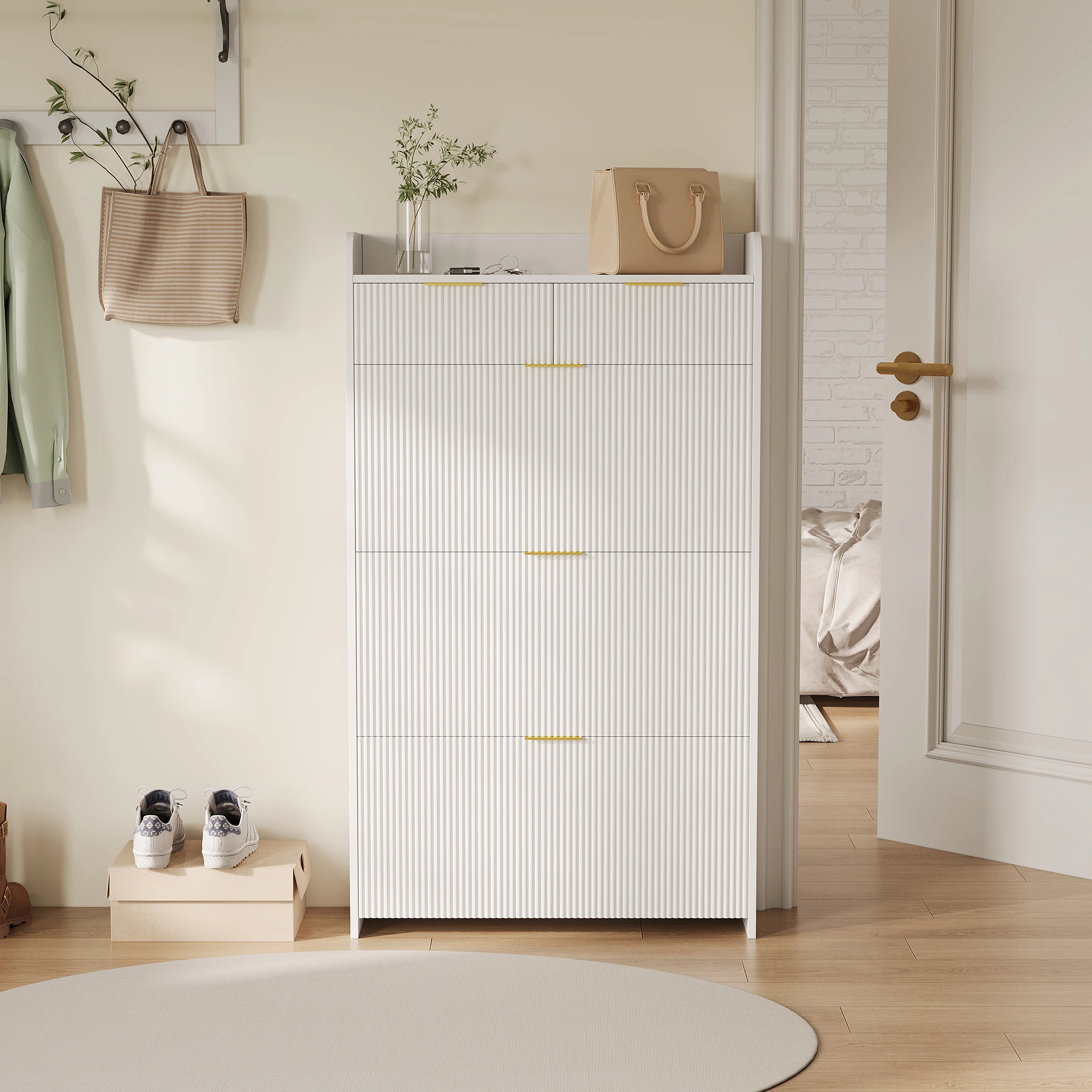 Rosahqnda Armoire à chaussures moderne avec présentoir, 3 bacs rabattables et 2 tiroirs, étagères réglables, pour couloir d'entrée, blanc/noir