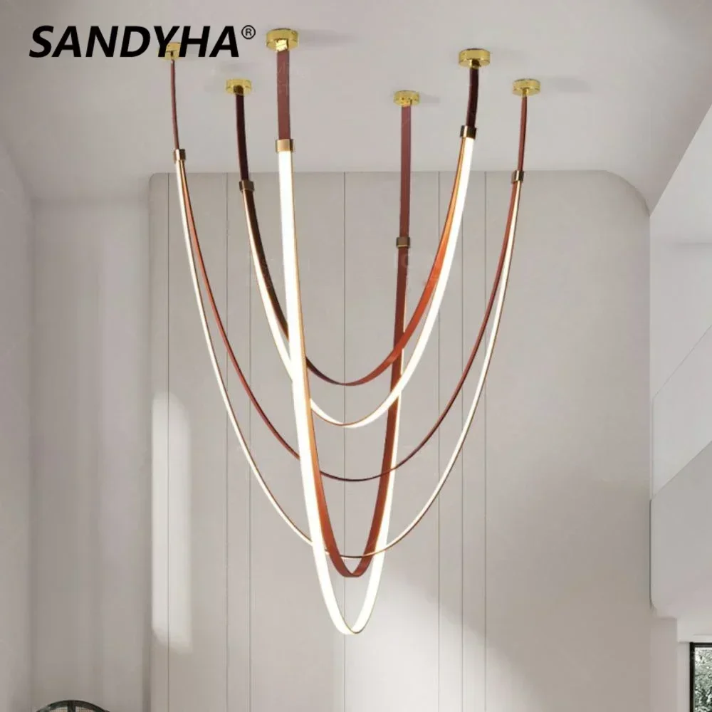 

SANDYHA Modern Nordic Long Strip Chandeliers for Living Room Bedroom Villa Hall Art Design Pendant Lights Stylish Home Decor