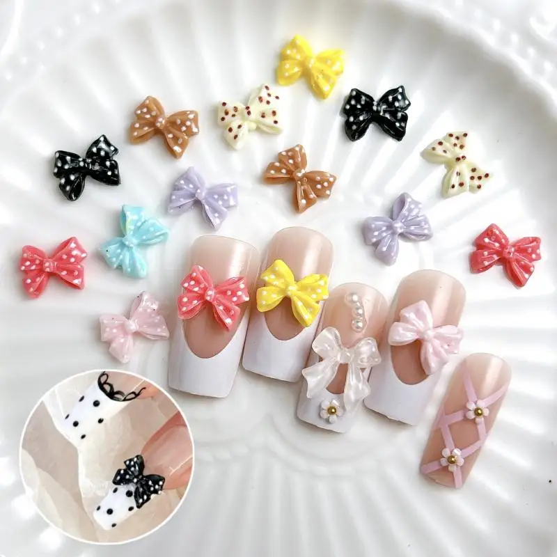 Dopamine Colored Bows Resin Nail Art Decorations Painted Polka Dots Tie Sweet Stylish Nail Charms for DIY Hair Clip Nail Crafts