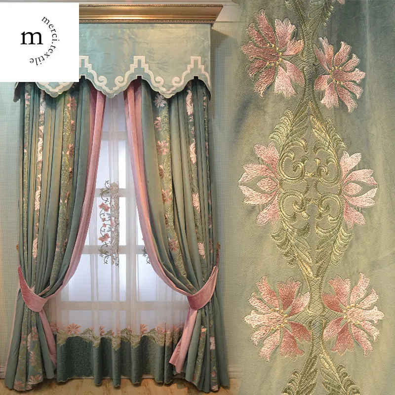 Chinese Style Curtains for Living Dining Room Bedroom American Pastoral Velvet  Luxury Window valance Embroidered Tulle Custom