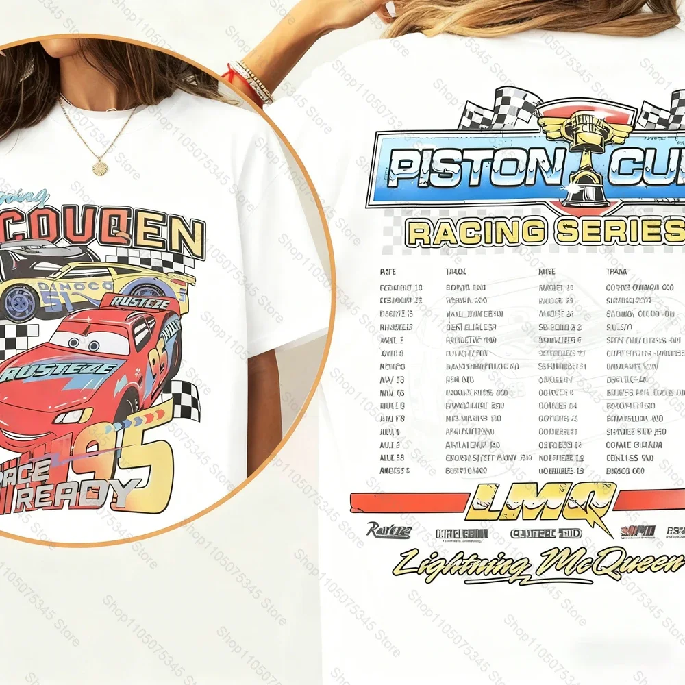 

Disney Lightning Mcqueen Cars Merry Christmas Printed T-Shirt Double-sided Short-sleeved for Men Women Street Tops Clothing